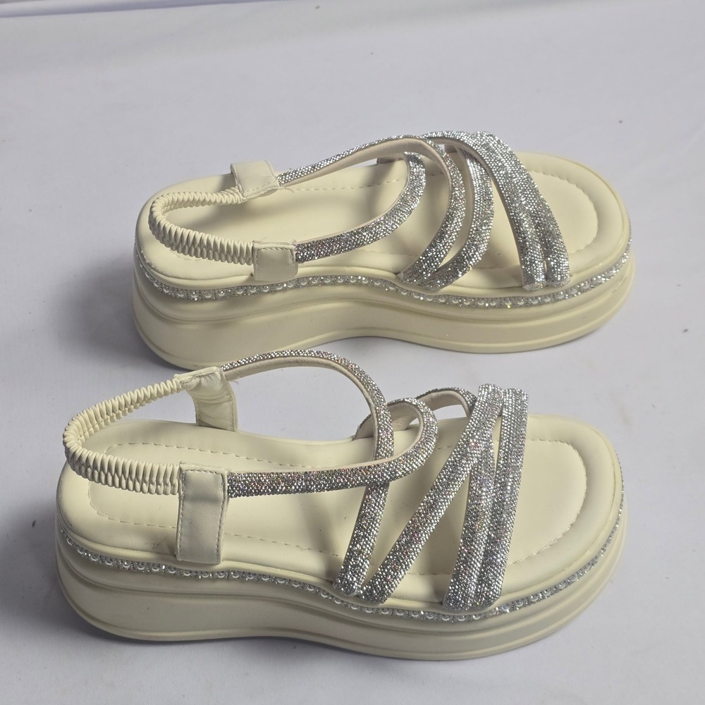 Rhinestone Embellished Platform Slingback Sandals Cream Off White Size 40 - Picture 3 of 10